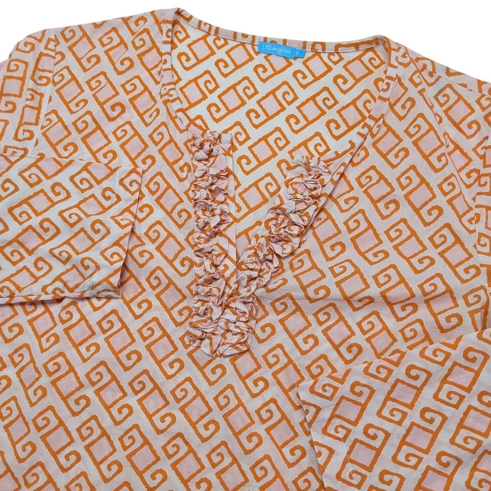 J McLaughlin Tunic Top Womens Small Orange Pink‎ Geometric Ruffle Split Neck
